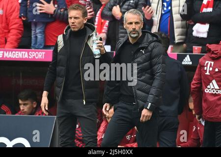 Da sinistra: Pullman Julian NAGELSMANN (FC Bayern Monaco) Marco ROSE (pullman Borussia Dortmund). Calcio 1st Bundesliga stagione 2021/2022, 31.matchday, matchday31. FC Bayern Monaco-Borussia Dortmund il 9th aprile 2022, ALLIANZARENA Monaco. Foto Stock