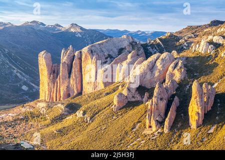 Mallos de Riglos al tramonto, Riglos, La Hoya, Huesca, Spagna Foto Stock