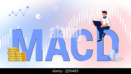 MACD Moving Average Convergence Divergence Indicator Technical analysis Stock and cryptocurrency Exchange graph, forex analytics and trading market ch Illustrazione Vettoriale