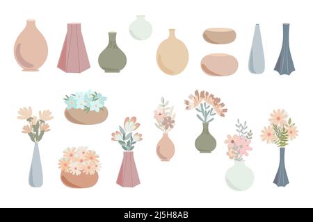 Vasi bohémien con fantasia fiori di arancio chiaro in semplice stile piatto astratto vettore pastello illustrazione colorata, minimalista trendy concetto di arredamento accogliente casa, romantico biglietto d'auguri, invito Illustrazione Vettoriale