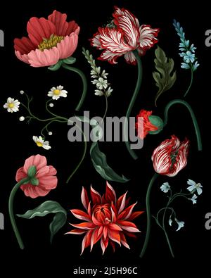 Fiori botanici vittoriani e insetti isolati. Tulipano, peonia e altro. Illustrazione Vettoriale