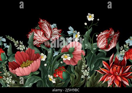Confine con fiori d'epoca come tulipano, papaveri e camomiles. Carta da parati vettoriale classica. Illustrazione Vettoriale