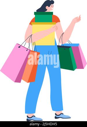 Donna con scatole e borse di ritorno dallo shopping Illustrazione Vettoriale