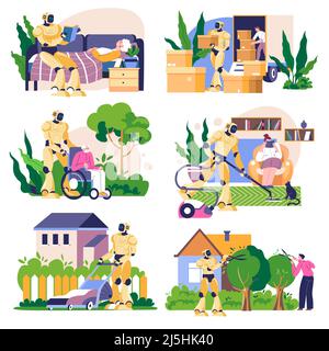 Robot che aiuta con i lavori domestici e ripulire Illustrazione Vettoriale