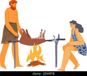 Antica gente che cucina pasto sul vettore falò Illustrazione Vettoriale