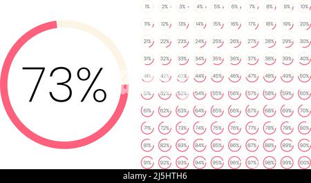Set di misuratori di percentuale del cerchio di colori da 0 a 100 per l'interfaccia utente infografica e per la progettazione dell'interfaccia utente. Avanzamento del download del grafico a torta colorato. Grafico a torta Illustrazione Vettoriale