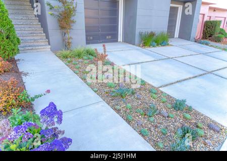 Piante succulente nel mezzo di entrata e vialetto di cemento. Passerella che porta alle scale a sinistra accanto al garage con exteri grigio Foto Stock