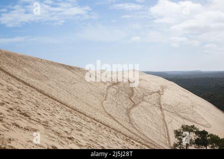 Foto del panorama della duna Pyla Sand durante un pomeriggio di pioggia nuvolosa. La Duna di Pilat (Dune du Pilat in francese, o Pyla) è la san più alta Foto Stock