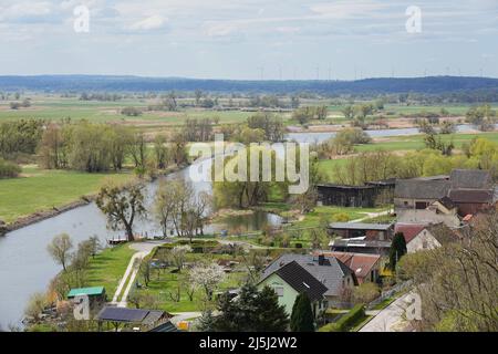 19 aprile 2022, Brandeburgo, Schwedt/OT Schöneberg: Vista dal punto panoramico Richterberg ai margini del villaggio di Stützkow nel Parco Nazionale bassa Valle dell'Oder verso il fiume Oder. Il parco nazionale ha una superficie di circa 10.300 ettari ed è stato fondato nel 1995. Qui si possono trovare innumerevoli specie animali e vegetali rare. Il parco nazionale è anche ben sviluppato per i turisti su sentieri escursionistici e ciclabili. Foto: Soeren Stache/dpa/ZB Foto Stock