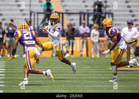 23 aprile 2022: La LSU running back John Emery Jr. (4) cerca un buco per superare le spalle difensive Jordan Toles (21) e Derrick Davis Jr. (6) durante il National L Club LSU Football Spring Game presso Tiger Stadium a Baton Rouge, LOUISIANA. Jonathan Mailhes/CSM Foto Stock
