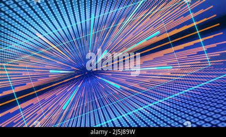 Tecnologia movimento di bagliore al neon in prospettiva - ampio angolo di vista di tubi, linee, laser, indicatori in atmosfera elettrica nebulosa, background IT business Foto Stock