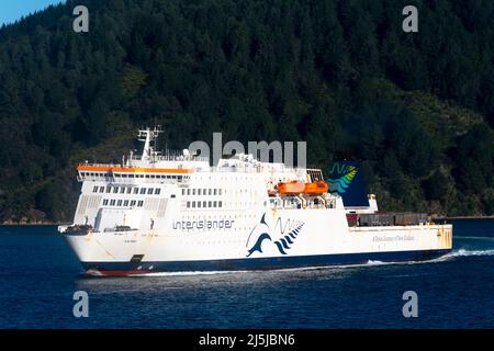 Interislander Cook Strait Ferry, Marlborough Sounds, South Island, Nuova Zelanda Foto Stock