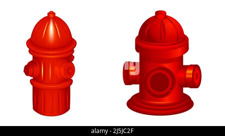 Idrante rosso incendio. Set di icone flat vettoriali per idranti antincendio. Set di 3 icone vettoriali Illustrazione Vettoriale