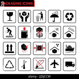 Icona vettoriale dei simboli dei segni di imballaggio impostata in nero e rosso Illustrazione Vettoriale