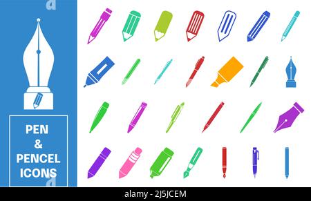 Set di icone vettoriali colorate a penna e matita piatta Illustrazione Vettoriale