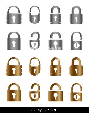 Varie serrature vettoriali icona set in cromo e oro colore Illustrazione Vettoriale