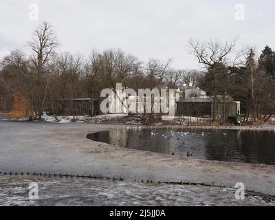 Anfiteatro al lago ghiacciato nel parco dei bagni di Varsavia Città europea della Polonia a Masovian voivodato nel 2019 freddo giorno invernale di febbraio. Foto Stock