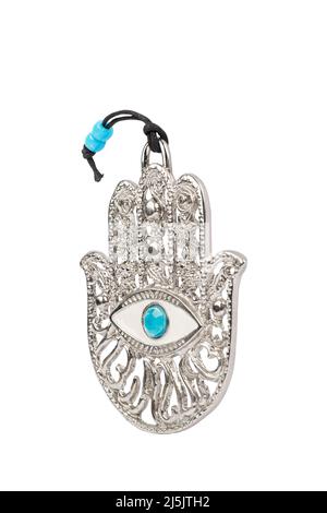 Metal hamsa per la benedizione isolato su sfondo bianco Foto Stock