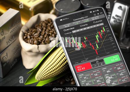 Smartphone e prodotti di base. Piattaforma di trading sul mercato delle borse di borsa sullo schermo del telefono cellulare. 3d illustrazione Foto Stock