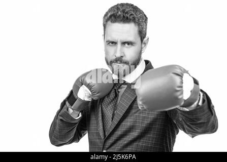 La lotta è in atto. Il boss indossa guanti da boxe. In piedi in posizione di combattimento. Combatti come campione Foto Stock