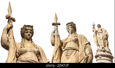 Statua dell'Indipendenza chiamata Teresona isolata su sfondo bianco, 1875, di Luigi Borro, Treviso, Piazza Indipendenza, Veneto, Italia, Europa. Foto Stock