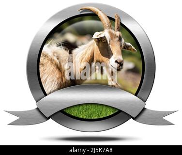 Segno rotondo metallico o icona con una testa di capra di montagna con corna e spazio copia. Isolato su sfondo bianco con ombra. Foto Stock