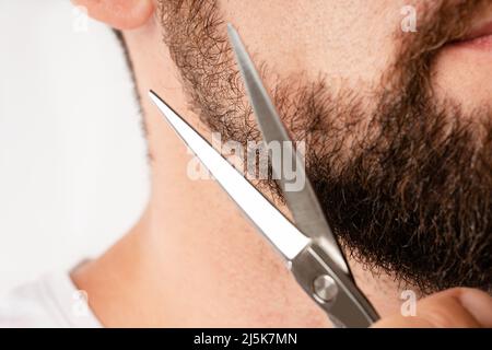 Uomo che rifilatura la barba con una forbice Foto Stock