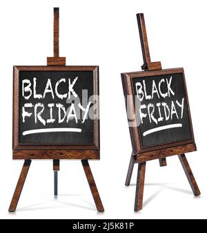 Due lavagne su cavalletto di legno (treppiede) con il testo scritto in gesso, Black Friday in lingua inglese. Isolato su sfondo bianco. Foto Stock