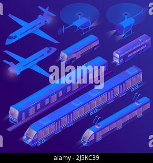 Vettore 3D Set isometrico di trasporto aereo urbano e terrestre, tram, trolley. Veicoli passeggeri ultra violetti - autobus, metropolitana. Collezione di velivoli - Illustrazione Vettoriale