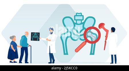 Vettore di un medico che spiega a persone anziane uomo e donna una procedura di sostituzione dell'anca Illustrazione Vettoriale