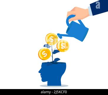 Vettore di una mano di uomo d'affari che innaffia un albero di soldi che cresce all'interno di una testa di investitore Illustrazione Vettoriale