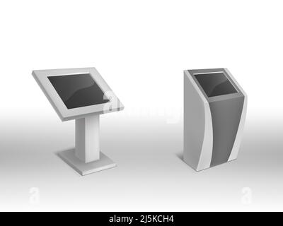 Chioschi informativi digitali realistici Vector 3D, cartellonistica digitale interattiva con schermo vuoto. Simulazione di touchscreen elettronico, modello per showca Illustrazione Vettoriale