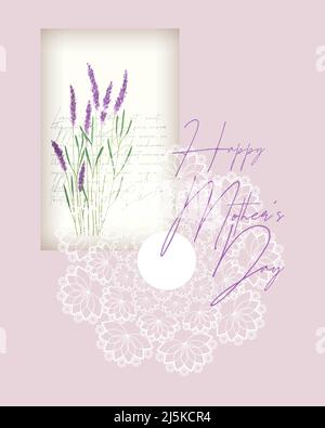 Happy Mothers giorno collage rosa cartolina vintage stile, lavanda e pizzo doily, scrapbooking, per le congratulazioni, luogo di inserire. Illustrazione di alta qualità Illustrazione Vettoriale