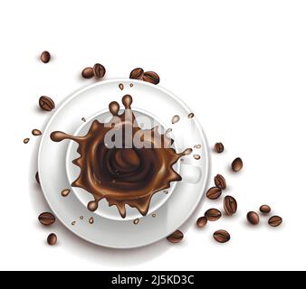 Vector 3D tazza di caffè realistica con gocce di spruzzi. Piattino con fagioli isolati su sfondo bianco. Vista dall'alto di una bevanda arabica o di un americano. Mock u Illustrazione Vettoriale