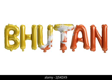 3D illustrazione di palloncini bhutan-lettera con bandiere di colore isolato su bianco Foto Stock