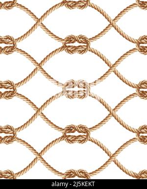 Pattern vettoriale realistico senza giunture con funi e anelli intrecciati marroni. Ornamento decorativo con cordicelle di canapa, tessitura in macrama. Stampa astratta per tessuti Illustrazione Vettoriale