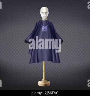 Vector 3D grembiule da parrucchiere realistico blu scuro su manichino bianco isolato su sfondo trasparente. Attrezzatura professionale per il taglio dei capelli, nylon Illustrazione Vettoriale