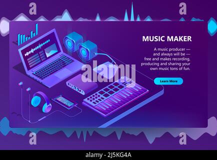 Modello isometrico Vector 3D per la costruzione di siti. Computer portatile viola, tastiera per pianoforte per la creazione di musica, creazione. Smartphone a raggi ultravioletti, cuffie con Illustrazione Vettoriale