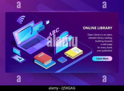 Modello isometrico Vector 3D per la costruzione di siti. Biblioteca online con notebook viola, libri. Documenti elettronici ultravioletti, smartphone e tablet Illustrazione Vettoriale