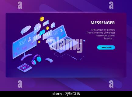 Vettore 3D modello isometrico del sito per messaggero. Business chat online, sviluppo. Servizio sociale su laptop e computer per la comunicazione, messag Illustrazione Vettoriale