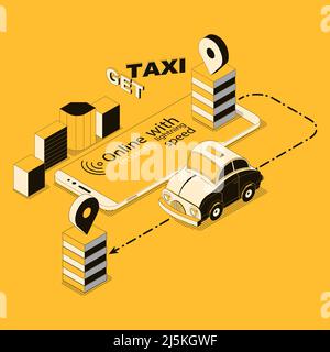 Vector 3D taxi online isometrico in città, app per smartphone, dispositivo mobile. Mappa con macchina sottile in giallo e nero. Tecnologia con gps per Illustrazione Vettoriale