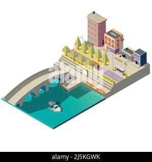 Mappa isometrica vettoriale della città con edifici, paesaggio urbano moderno, canale fluviale con ponte e nave, strada con case residenziali. Architettura cittadina, la Illustrazione Vettoriale