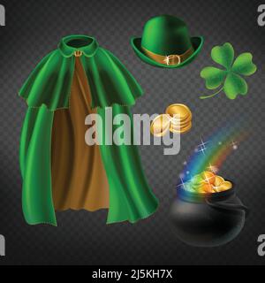 Set vettoriale di elementi giorno di san Patrizio, isolato sullo sfondo. cappellino verde di leprechaun, cappello bowler, pentola magica con monete d'oro e arcobaleno, sciamro Illustrazione Vettoriale