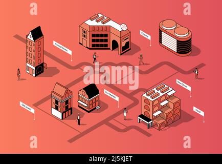 Vettore 3D isometrico centro città. Piazza con eco mercato, cinema e case. Quartiere con marciapiede e persone tra gli edifici in colori arancioni. Urba Illustrazione Vettoriale