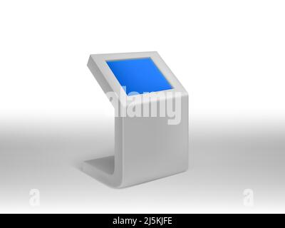 Chiosco informativo digitale realistico Vector 3D, cartellonistica digitale interattiva con schermo blu vuoto. Simulazione di touchscreen elettronico, modello per sh Illustrazione Vettoriale