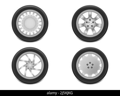 Vector 3D pneumatici realistici neri in vista laterale, acciaio lucido e ruota in gomma per auto, automobili, isolati su bianco. Cerchio moderno, battistrada - eq. Auto Illustrazione Vettoriale
