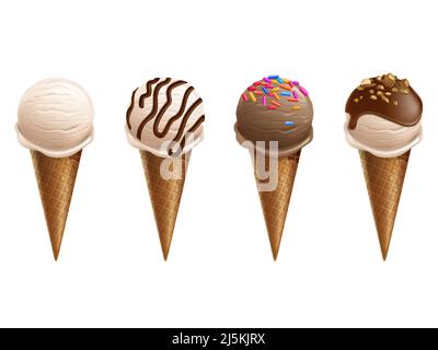 Gelato in coni di wafer 3D illustrazione vettoriale realistica. Misurini isolati di ghiaccio morbido con cioccolato o spolverini dolci colorati in waffle per surgelati de Illustrazione Vettoriale