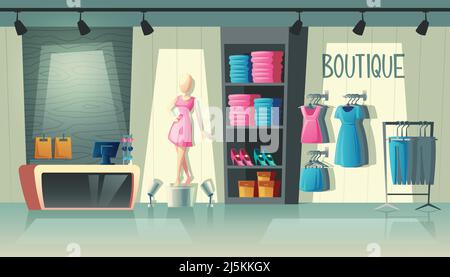 Interno negozio di abbigliamento vettoriale - guardaroba con abbigliamento donna, manichino cartoon e roba su appendiabiti. Cashbox con tavolo all'interno della boutique, vestito raccogliere Illustrazione Vettoriale