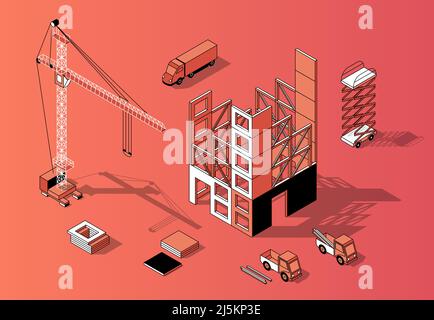 Vector 3D progetto isometrico di cantiere con costruzione, gru e trasporto non finiti. L'esterno dell'edificio è in colori arancioni e linee nere sottili. Urb Illustrazione Vettoriale