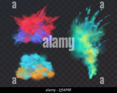 Set vettoriale realistico di nubi o esplosioni di polveri colorate, isolate su sfondo trasparente. Spruzzi d'inchiostro astratti, pitture vibranti decorative per Illustrazione Vettoriale